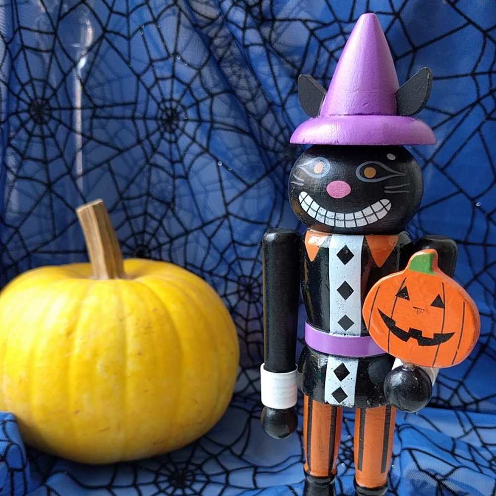 Black Cat Halloween Nutcracker 8" Tall Wooden Doll